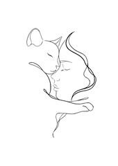 Tender moment captured between a serene face and a gentle cat, symbolizing connection and affection with elegant line art.