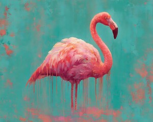 Elegant flamingo with dripping paint effect against a teal backdrop