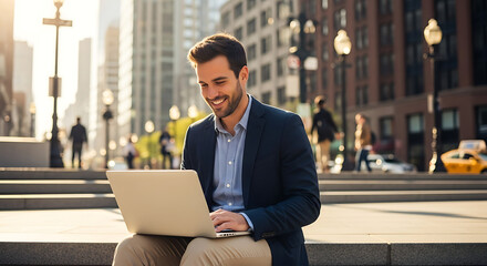Smiling businessman working on laptop outdoors in a sunny city street