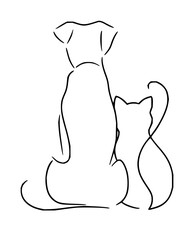 Charming line art of a dog and cat pair sitting together, symbolizing companionship and unconditional love.