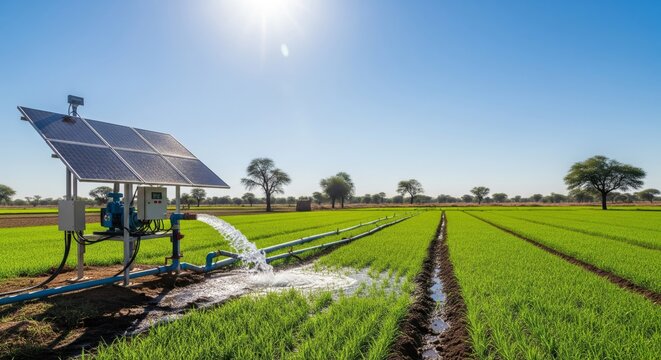 Solar-powered irrigation system watering crops in a field under a bright blue sky.