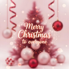 Soft, aesthetic square Merry Christmas greeting card image featuring a pink and red theme with shimmering bokeh, hanging ribbons, ornaments, and a blurred festive background.