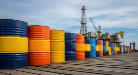 Colorful oil drums line a dock with an offshore oil rig in the background