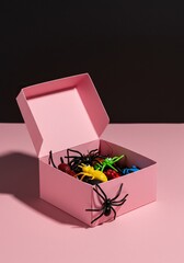 A pink box meant for sweet treats is opened to reveal a collection of silly plastic spiders and rubber insects for a shocking April Fools surprise ,funny ,spiders ,deception