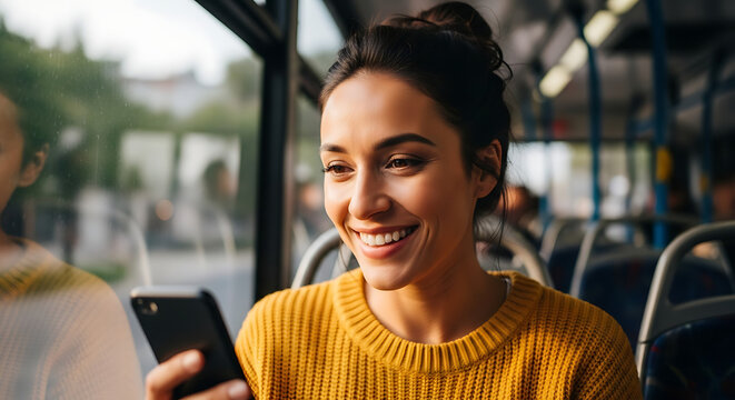 Young woman smiling while looking at her smartphone on a public bus