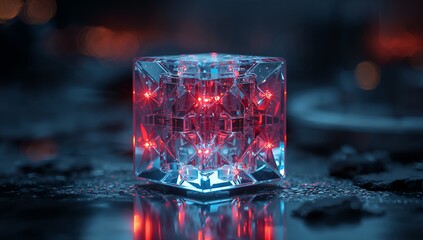Futuristic crystal cube glowing with vibrant red light, showcasing innovative technology and cutting-edge design on a sleek surface for modern concepts
