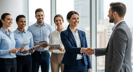Diverse group of professionals in business attire shaking hands and smiling