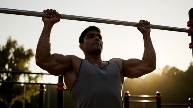 Muscular man doing pull-ups, strength training at sunrise, fitness motivation outdoors, summer workout routine, healthy lifestyle pursuit