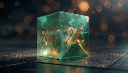 Futuristic 2026 tech cube glows with golden circuit details promising innovation and progress in the year ahead for technology and science projects