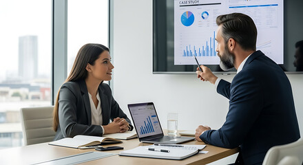 Business professionals collaborating and discussing financial data on a large screen