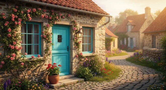 A charming stone cottage with a vibrant blue door, adorned with climbing roses, nestled in a picturesque village. - Powered by Adobe