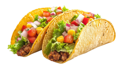 Two tacos with lettuce tomato onion and corn isolated on a transparent background