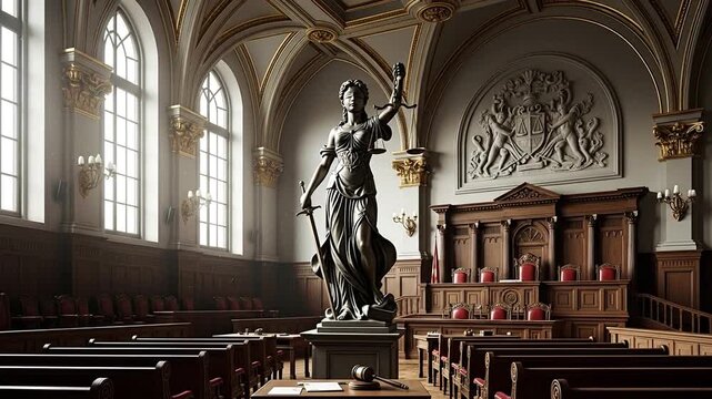 Lady Justice Statue in Courtroom Symbolizing Law, Order, and Fair Judgment