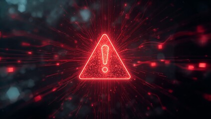 Urgent cyber security alert with glowing red exclamation point triangle for technology risk management, digital vulnerability and potential system failure now