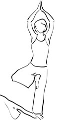 Elegant minimalist line art captures a serene yoga practitioner in tree pose, embodying balance, mindfulness, and healthy living.