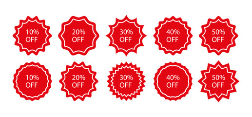 Set of circle tag product labels. Sale star burst price stickers. Discount promo boxes, stamps. Red splash badges. Starburst shapes isolated on white background. Vector illustration.