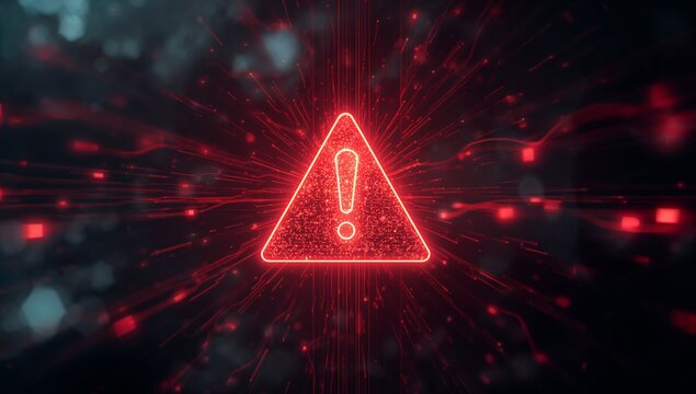 Urgent cyber security alert with glowing red exclamation point triangle for technology risk management, digital vulnerability and potential system failure now