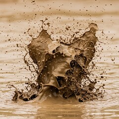 A powerful burst of thick, wet brown mud erupting upward, creating an intricate pattern of dynamic splatters and scattered droplets ,Mud ,wild ,rain