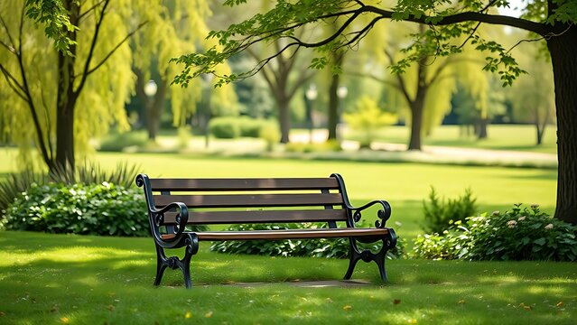 A serene park bench sits empty amidst lush greenery under natural daylight.