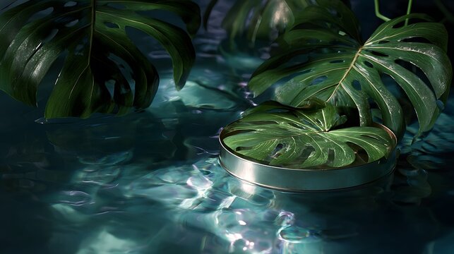 Monstera leaf floating on water in a silver bowl in a dark setting