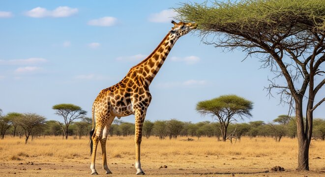 A tall giraffe gracefully reaches up to feed on the leaves of a tree in its natural habitat under a clear blue sky. - Powered by Adobe