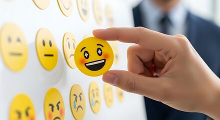Business Professional Selecting Happy Emoji from Emotions Wall to Express Positive Feelings in Workplace