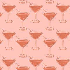 Seamless martini cocktail pattern with cherries in a soft retro palette. Ideal for bar menu design, packaging, party decor, textiles and stylish vintage-themed projects.