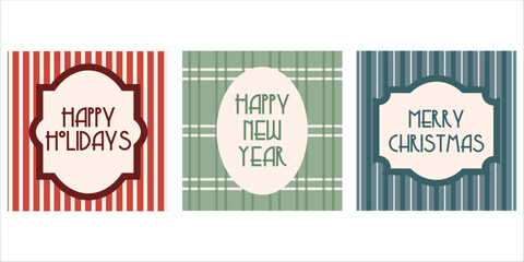 Retrostyle Christmas and New Year greeting card set with elegant typography and striped backgrounds. Perfect festive vector design for winter holidays, invitations, posters and seasonal decor.
