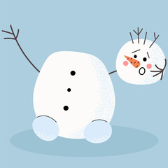 Cute funny snowman illustration with a detached head. Playful winter character in bright flat style, perfect for Christmas designs, kids projects and festive seasonal graphics.