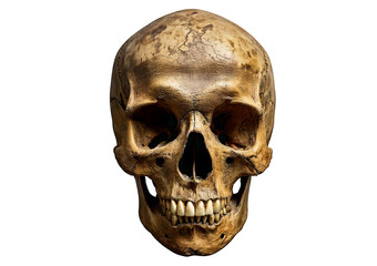 Obraz premium Ancient weathered human skull with eroded surface, hollow eye sockets, worn teeth, isolated on transparent or white background