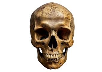 Ancient weathered human skull with eroded surface, hollow eye sockets, worn teeth, isolated on transparent or white background