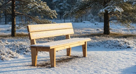 Naklejka premium A wooden bench sits in a snowy park, surrounded by trees and a serene winter landscape.