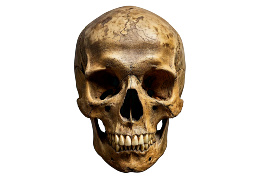 Ancient weathered human skull with eroded surface, hollow eye sockets, worn teeth, isolated on transparent or white background