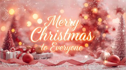 Sparkling, horizontal Merry Christmas banner images featuring a warm pink and red palette, twinkling bokeh lights, festive ornaments, ribbons, and glowing holiday messages.