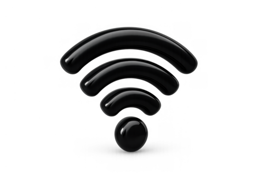 Black glossy wi-fi icon transmitting wireless signal for internet connection on transparent background