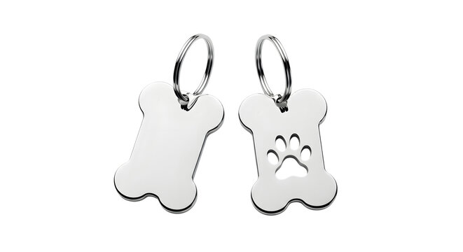 Pair of silver bone shaped dog charms with paw print detail on black background - Powered by Adobe