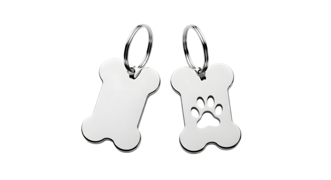Pair of silver bone shaped dog charms with paw print detail on black background
