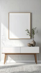 Fototapeta premium Minimalist Interior Design with Blank Vertical Frame and Console Table.