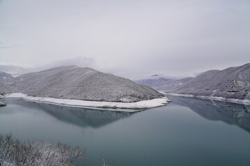 Winter landscape Zhinvali Reservoir on the Aragvi River , Georgia
