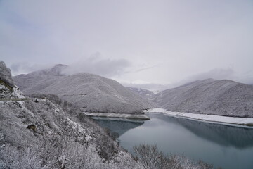 Winter landscape Zhinvali Reservoir on the Aragvi River , Georgia