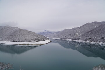 Winter landscape Zhinvali Reservoir on the Aragvi River , Georgia
