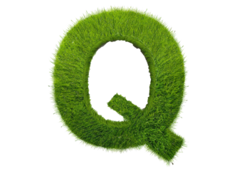 Grass font 3d rendering letter Q isolated on a transparent or white background