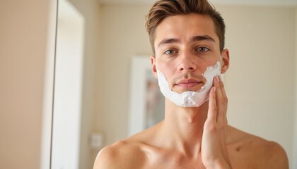 Teenager applying shaving cream on face while looking in mirror