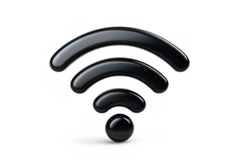 Black glossy wi-fi signal icon in 3d rendering, depicting wireless network connection and internet access on transparent background