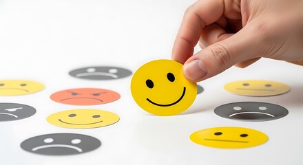 Hand Selecting a Happy Face Sticker from a Variety of Emotion Stickers on a White Background