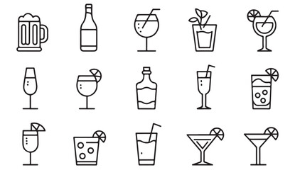 Drinkware and alcohol icons representing nightlife, leisure and festive celebration