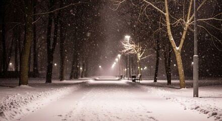 A snowy night scene of a park path illuminated by streetlights, with falling snowflakes.