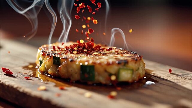 Sizzling vegetable cutlet with spices on a wooden surface.