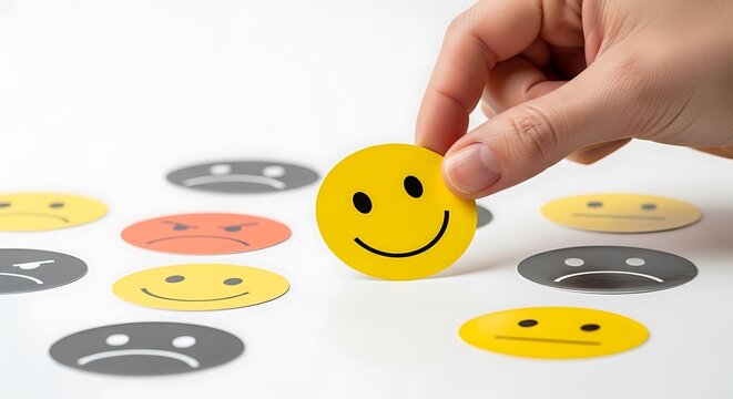 Hand Selecting a Happy Face Sticker from a Variety of Emotion Stickers on a White Background