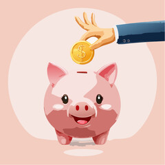 Adorable kawaii-style piggy bank cartoon character happily receiving a shiny gold coin from a human hand, illustrating savings and financial growth
